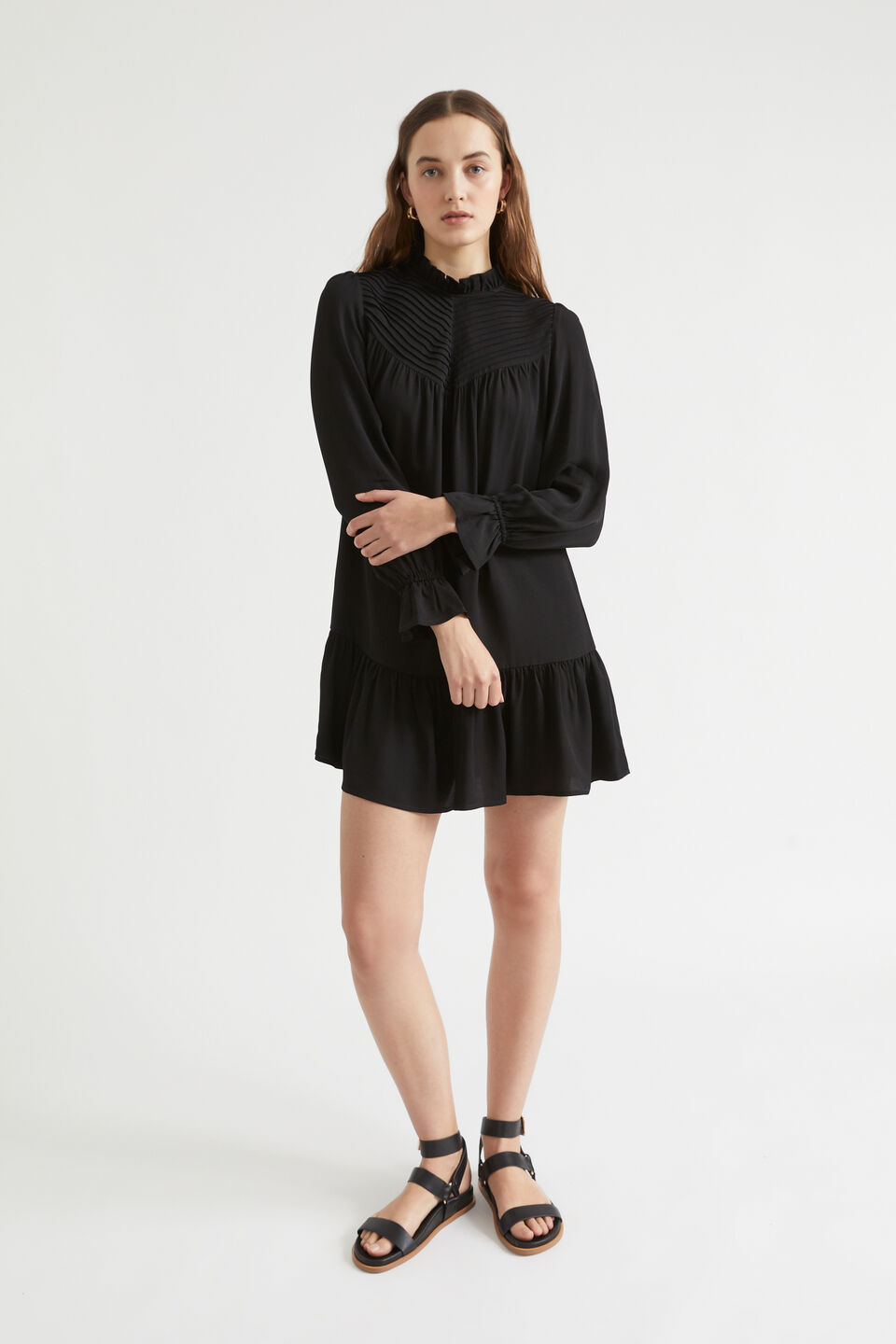 Twill Pintuck Mini Dress  Black