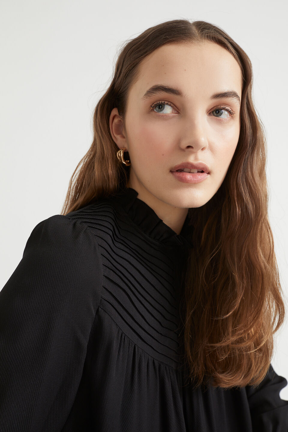 Twill Pintuck Mini Dress  Black
