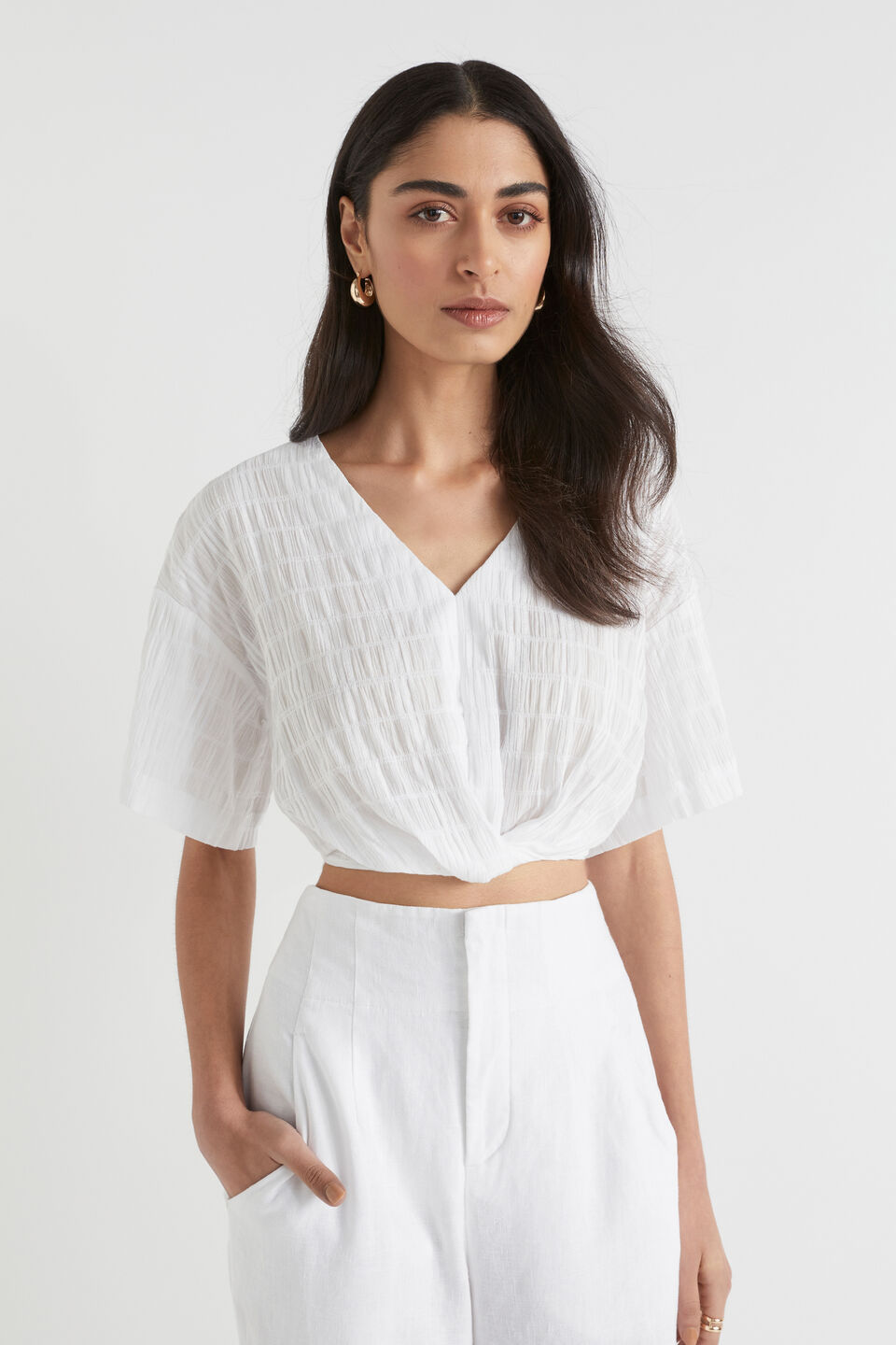 Textured Twist Front Top  Whisper White