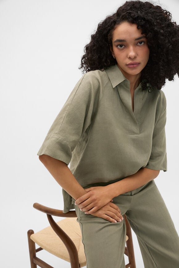 Core Linen Half Placket Popover  Caper  hi-res