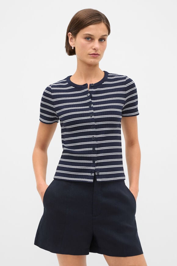 Button Through Rib Top  Twilight Blue Stripe  hi-res