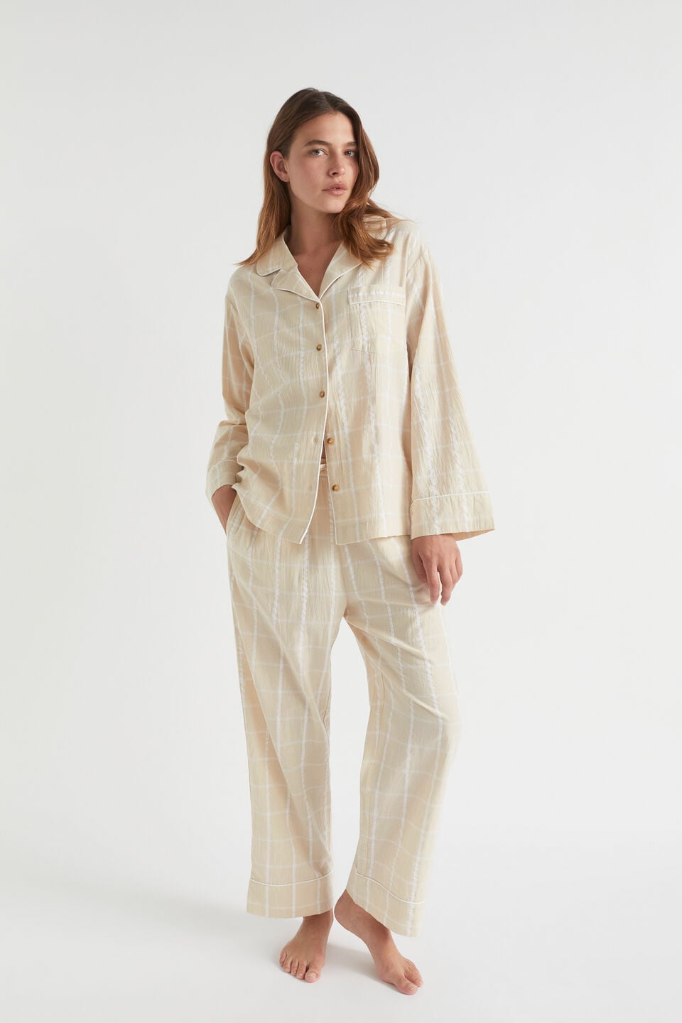 Seersucker Grid Sleep Shirt  Stone