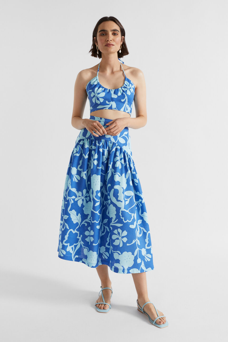 Linen Floral Halter Crop  Deep Ocean Floral