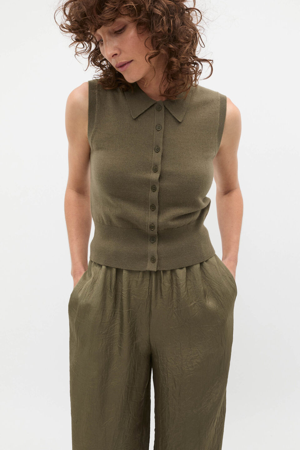 Merino Button Through Knit Vest  Olive Leaf