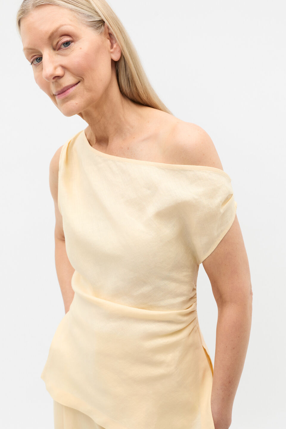 Linen Draped Shoulder Top  Shortbread