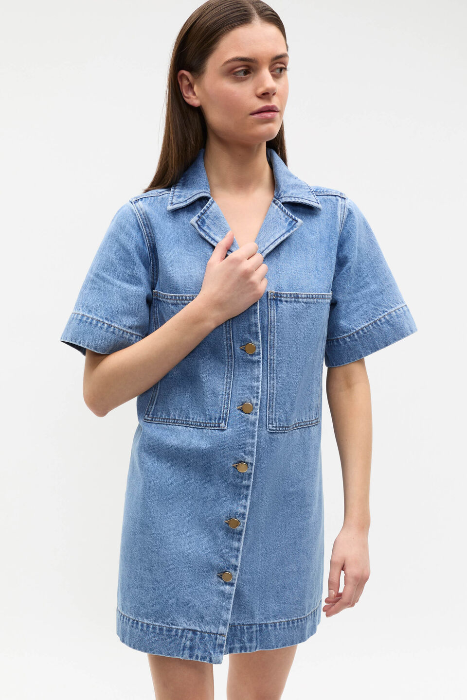 Denim Button Through Mini Dress  Mist Blue Wash