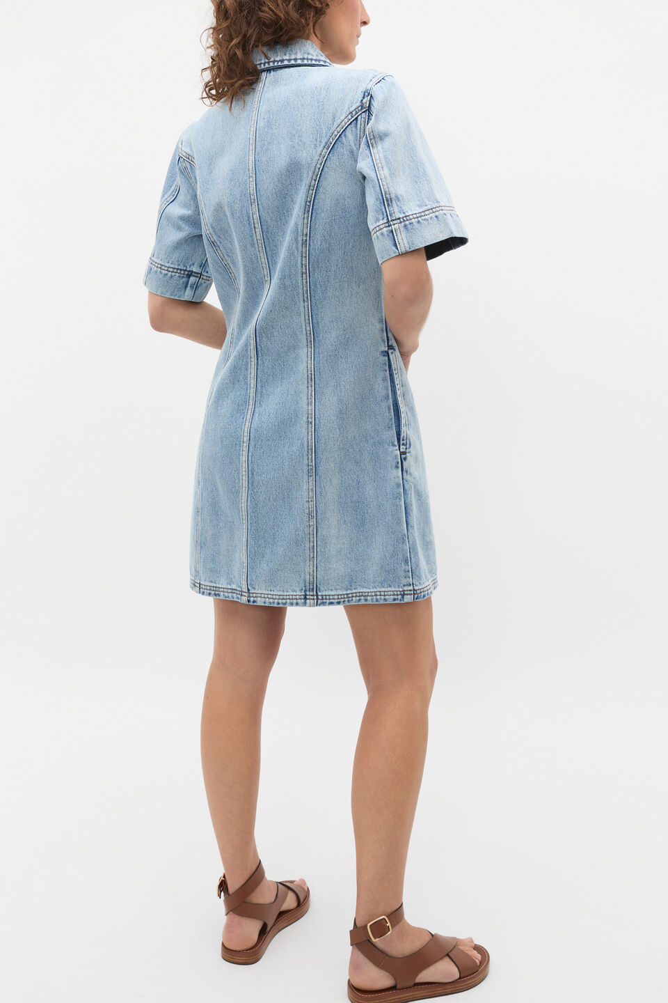 Denim Zip Mini Shirt Dress  Blue Wash
