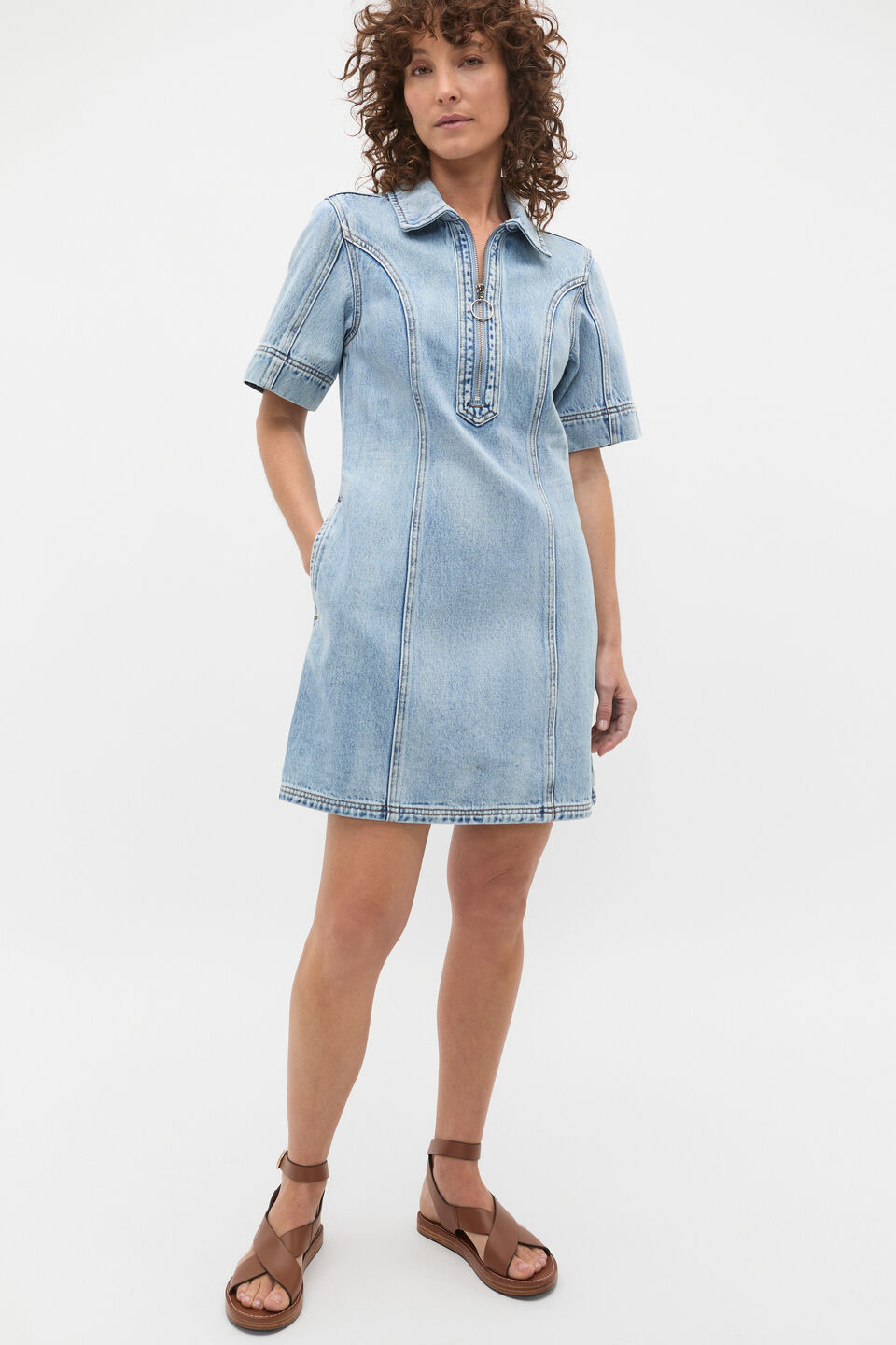 Denim Zip Mini Shirt Dress  Blue Wash
