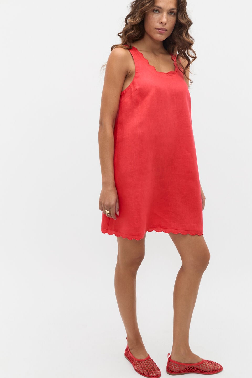 Linen Wave Scallop Sleeveless Dress  Electric Crimson