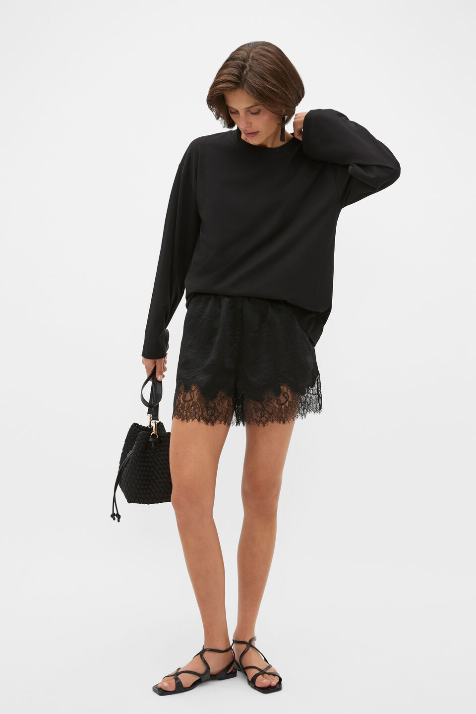 Crinkled Satin Lace Trim Short  Black