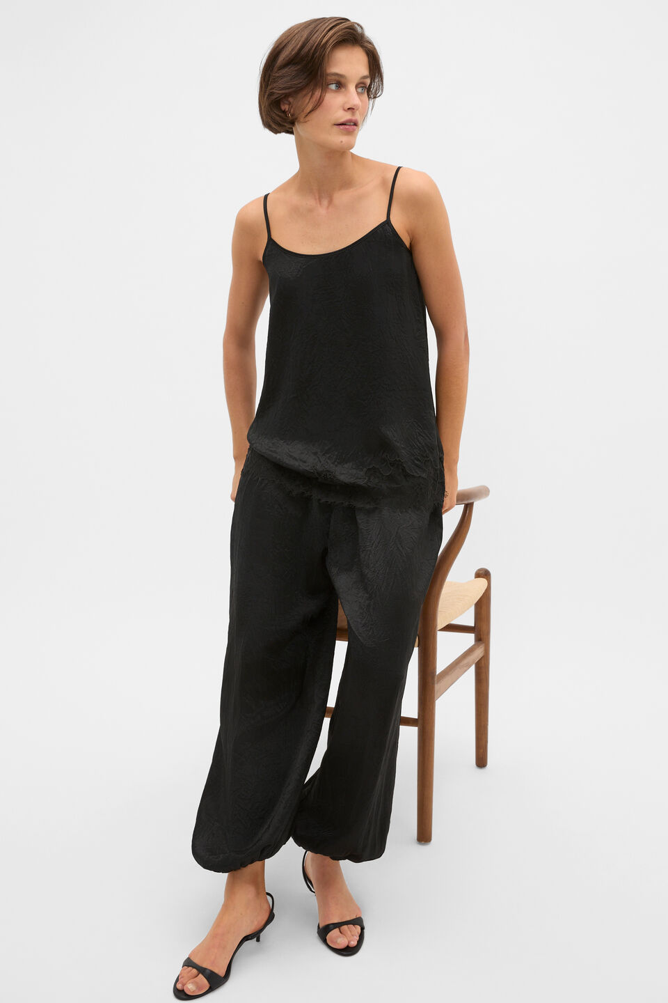 Crinkled Satin Lace Trim Cami  Black