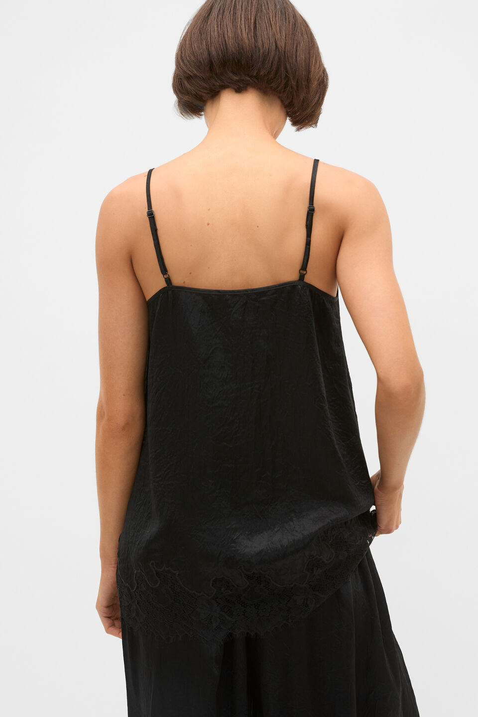 Crinkled Satin Lace Trim Cami  Black