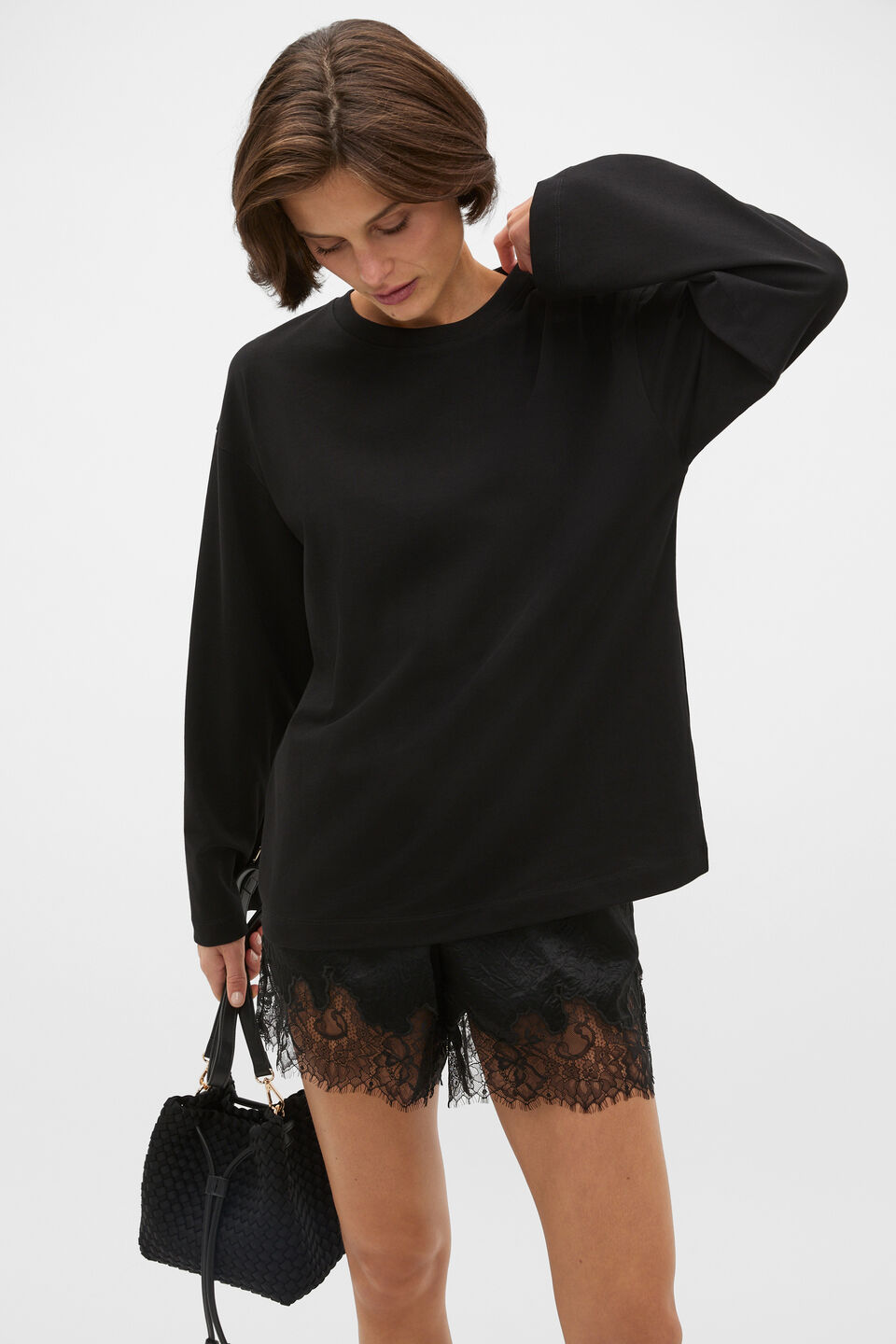 Cotton Relaxed Long Sleeve Top  Black