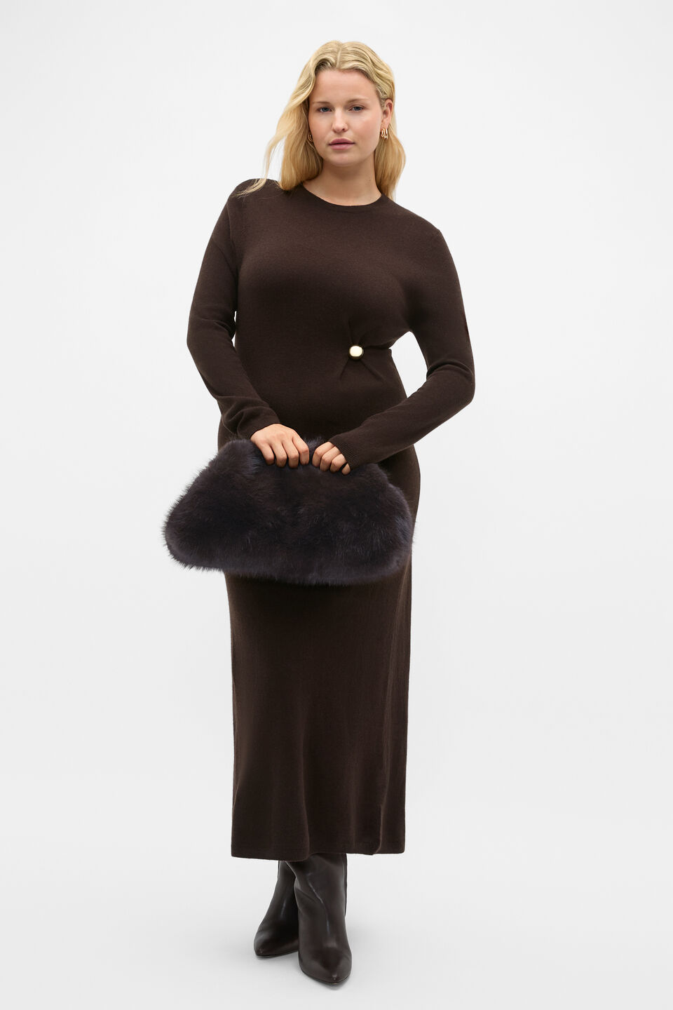 Clasp Detail Knit Dress  Coffee Bean