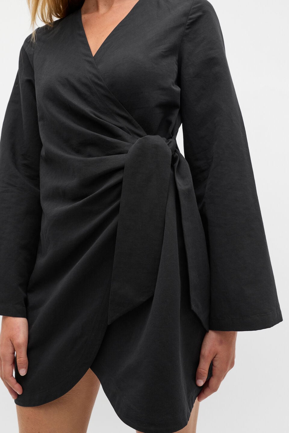 Tie Waist Wrap Mini Dress  Black