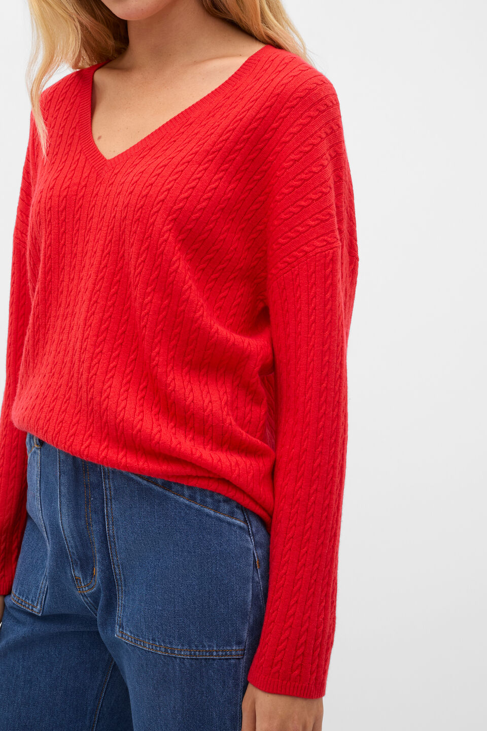 Australian Merino V Neck Cable Knit  Chilli Red