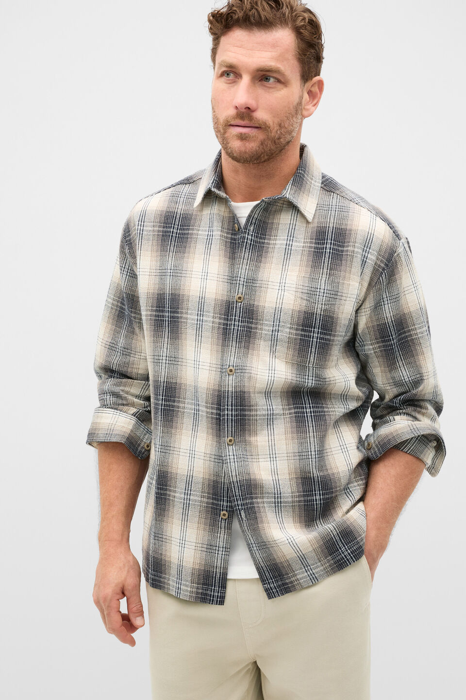 Long Sleeve Cotton Check Shirt  Taupe Check