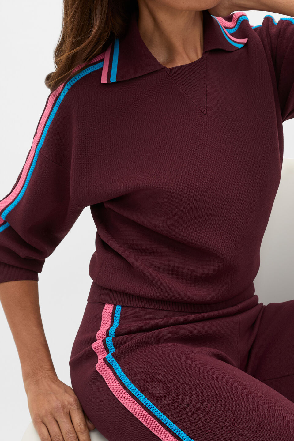 MD Crepe Knit Collared Sweater  Plum Red