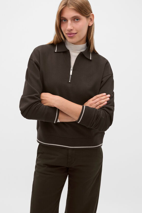 Cotton Terry Collared Sweat  Coffee Bean  hi-res