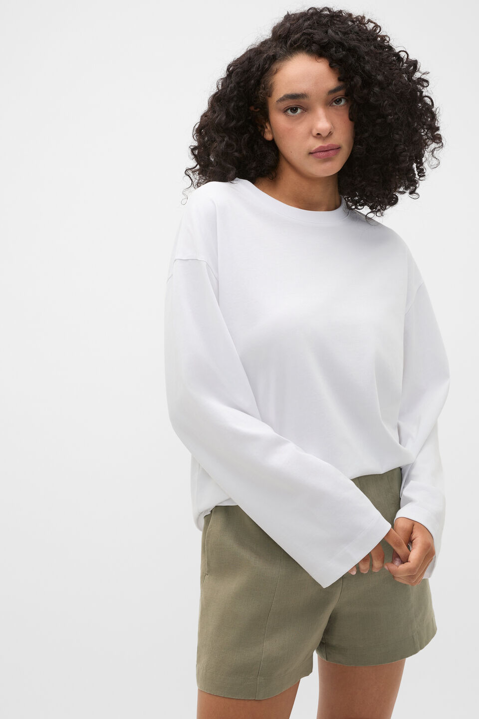 Cotton Relaxed Long Sleeve Top  Whisper White