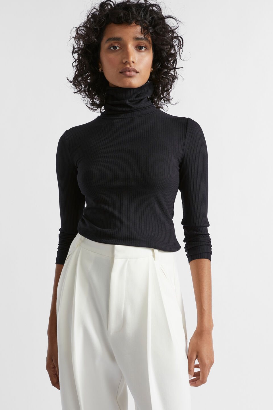 Core Rib Roll Neck Top  Black