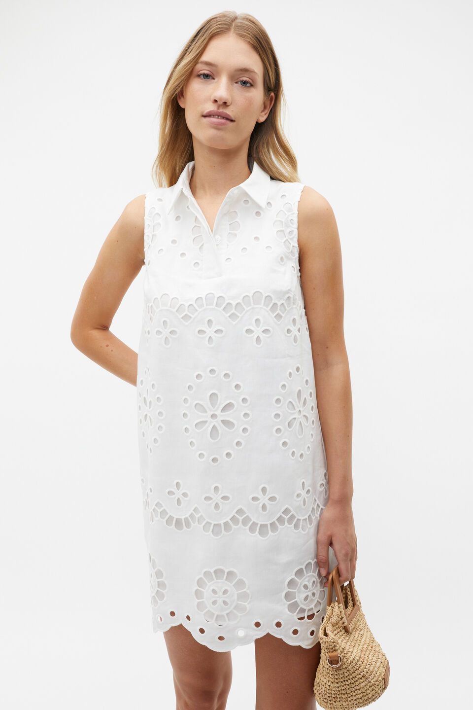 Scallop Broderie Mini Shift Dress  Whisper White