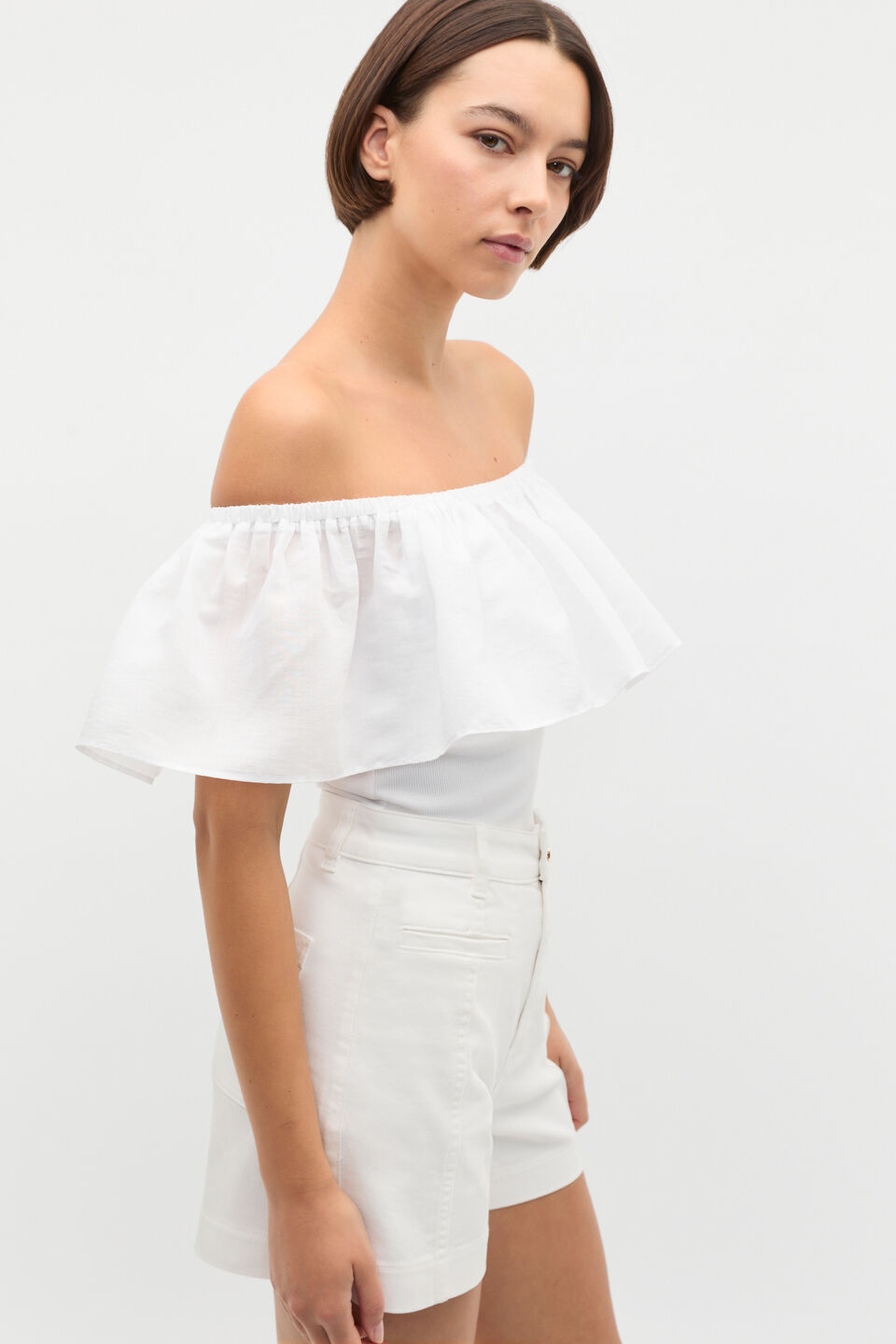 Off Shoulder Ruffle Top  Whisper White