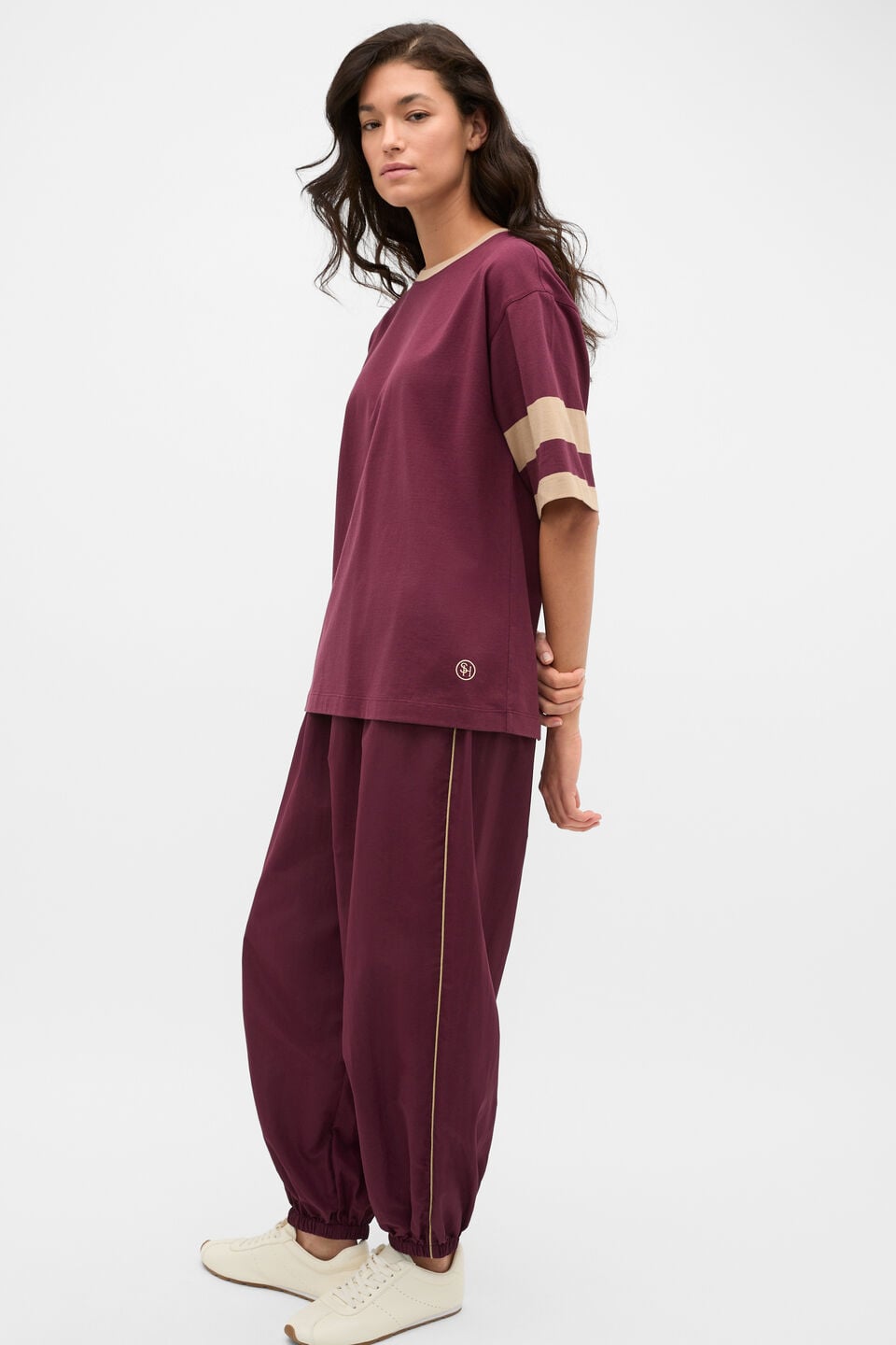 MD Cotton Contrast Boyfriend Tee  Plum Red