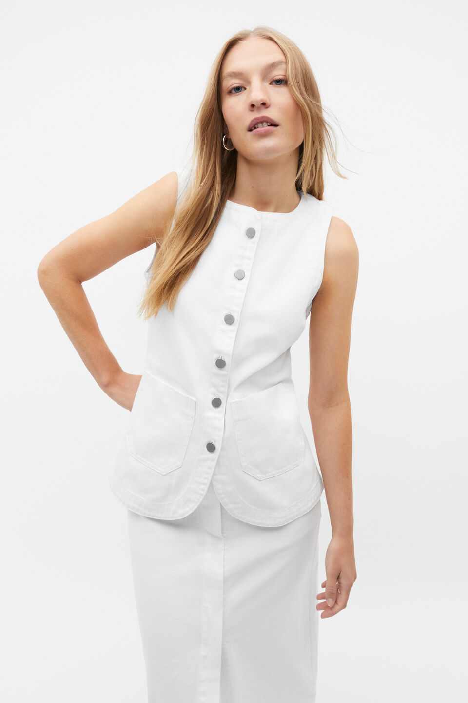 Denim Button Down Vest  White