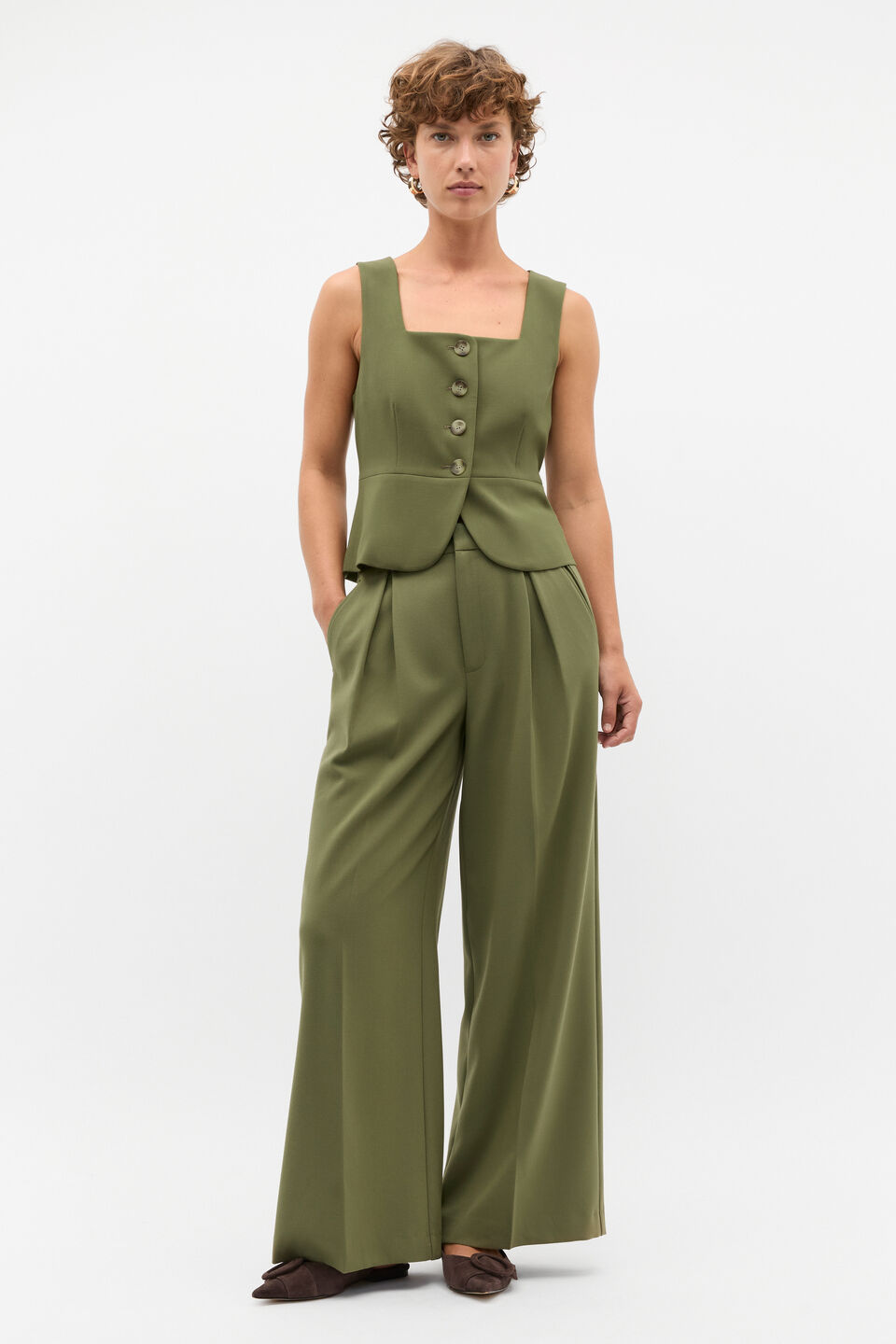 Waisted Button Down Suit Vest  Rainforest