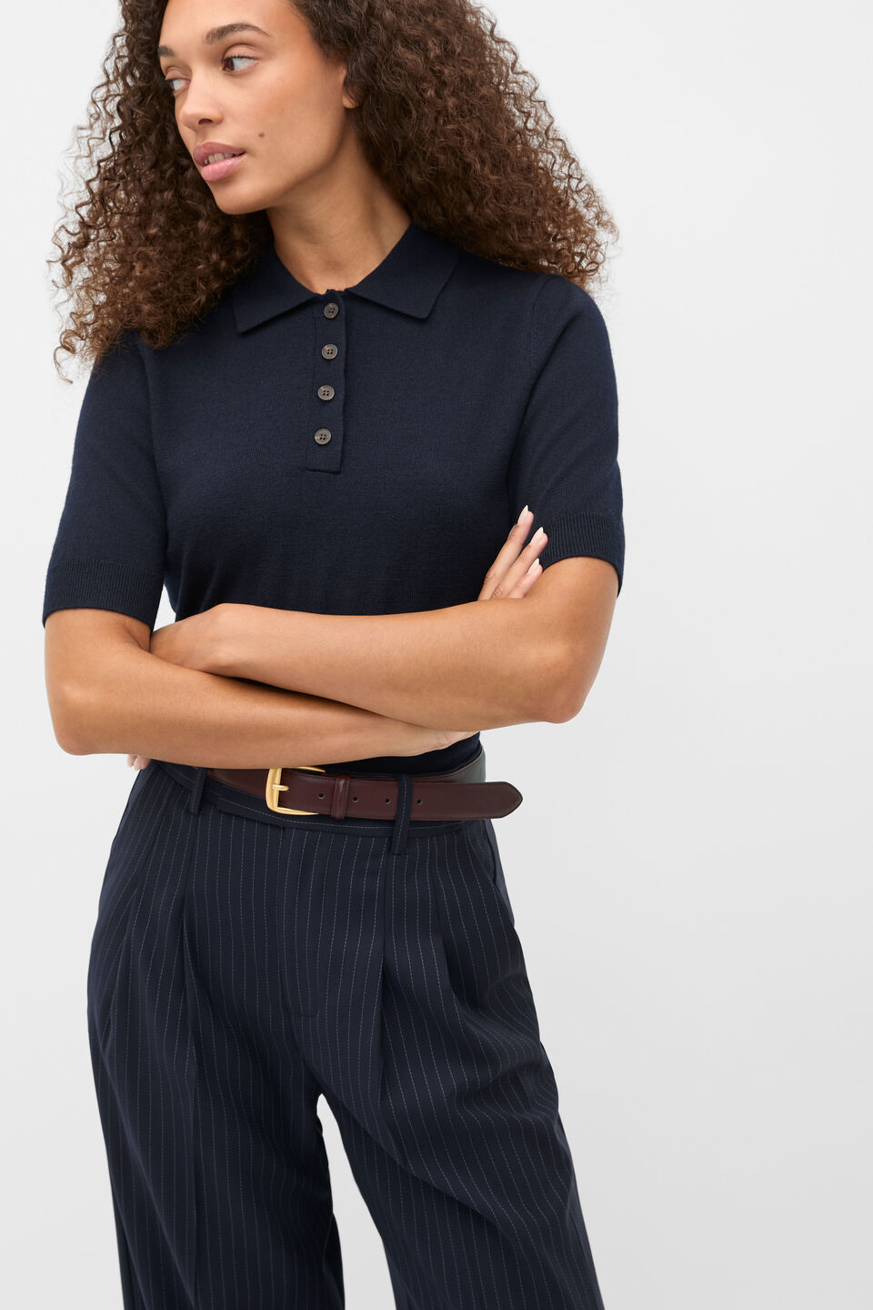 Australian Merino Knit Polo Top  Twilight Blue