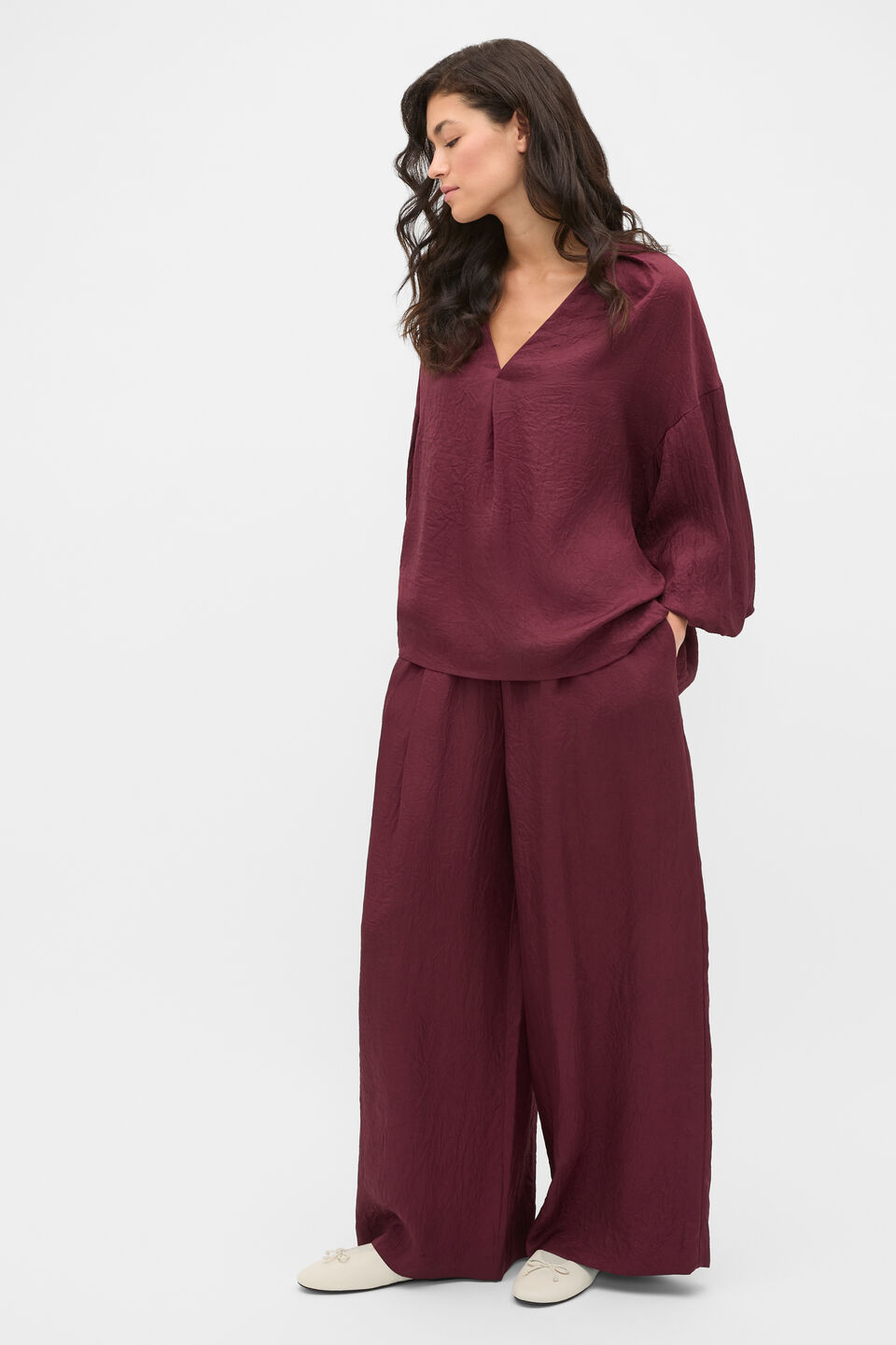 Textured Satin Half Placket Blouse  Plum Red