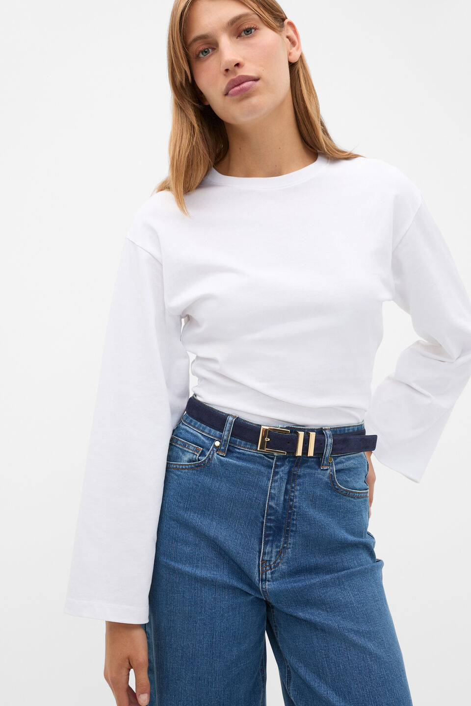 Cotton Long Sleeve Waisted Top  Whisper White