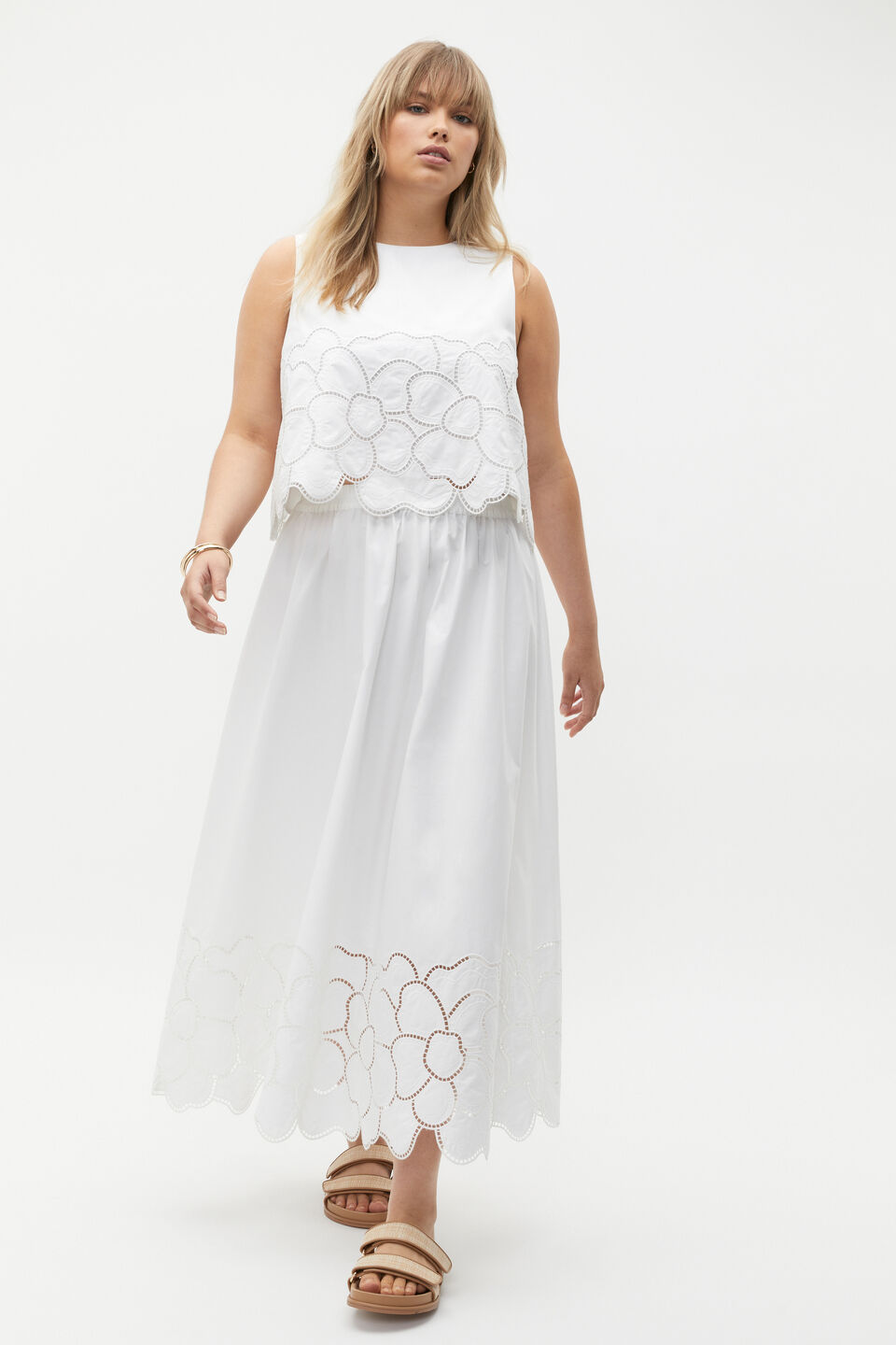 Lace Broderie Shell Top  Whisper White