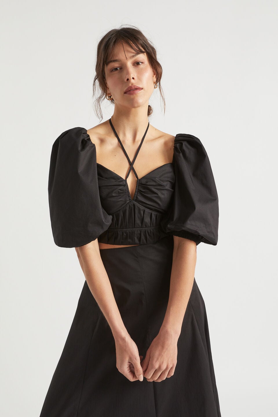 Sateen Tie Neck Top  Black