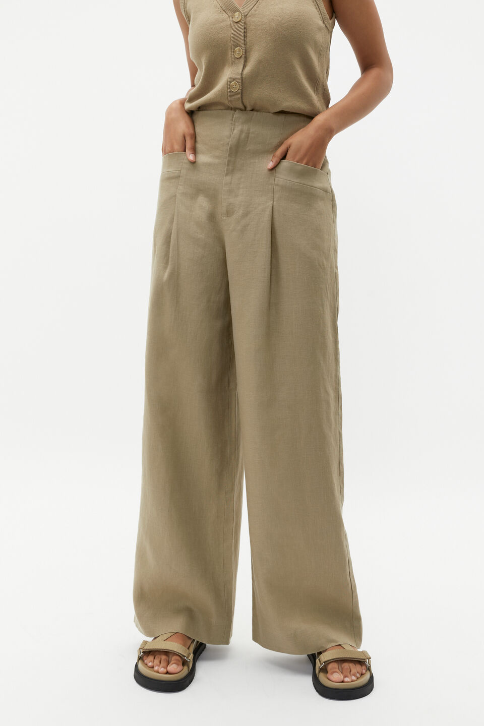 Linen High Rise Pleat Pant  Rosemary