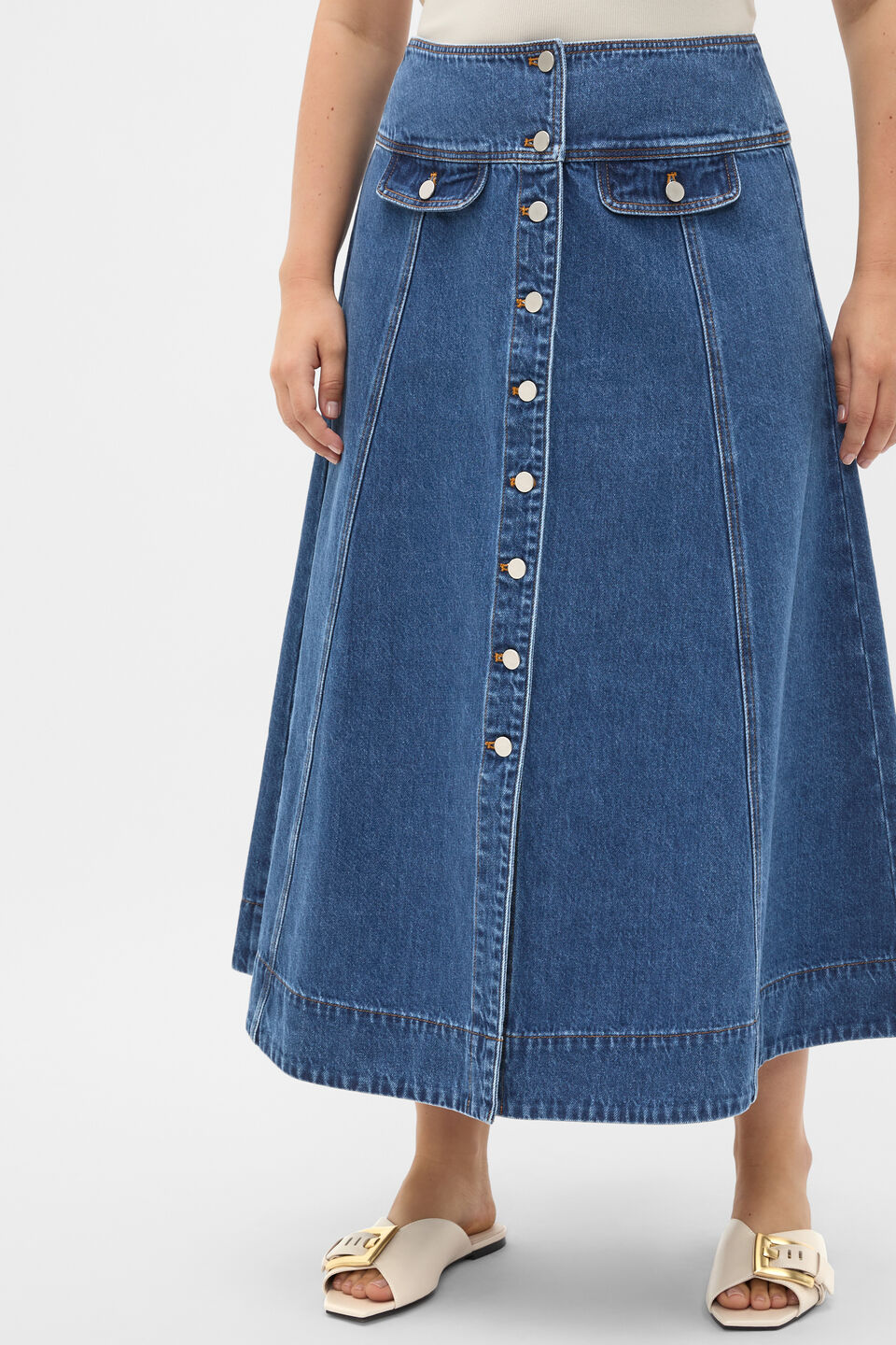 Denim Button Through Swing Skirt  Heritage Wash