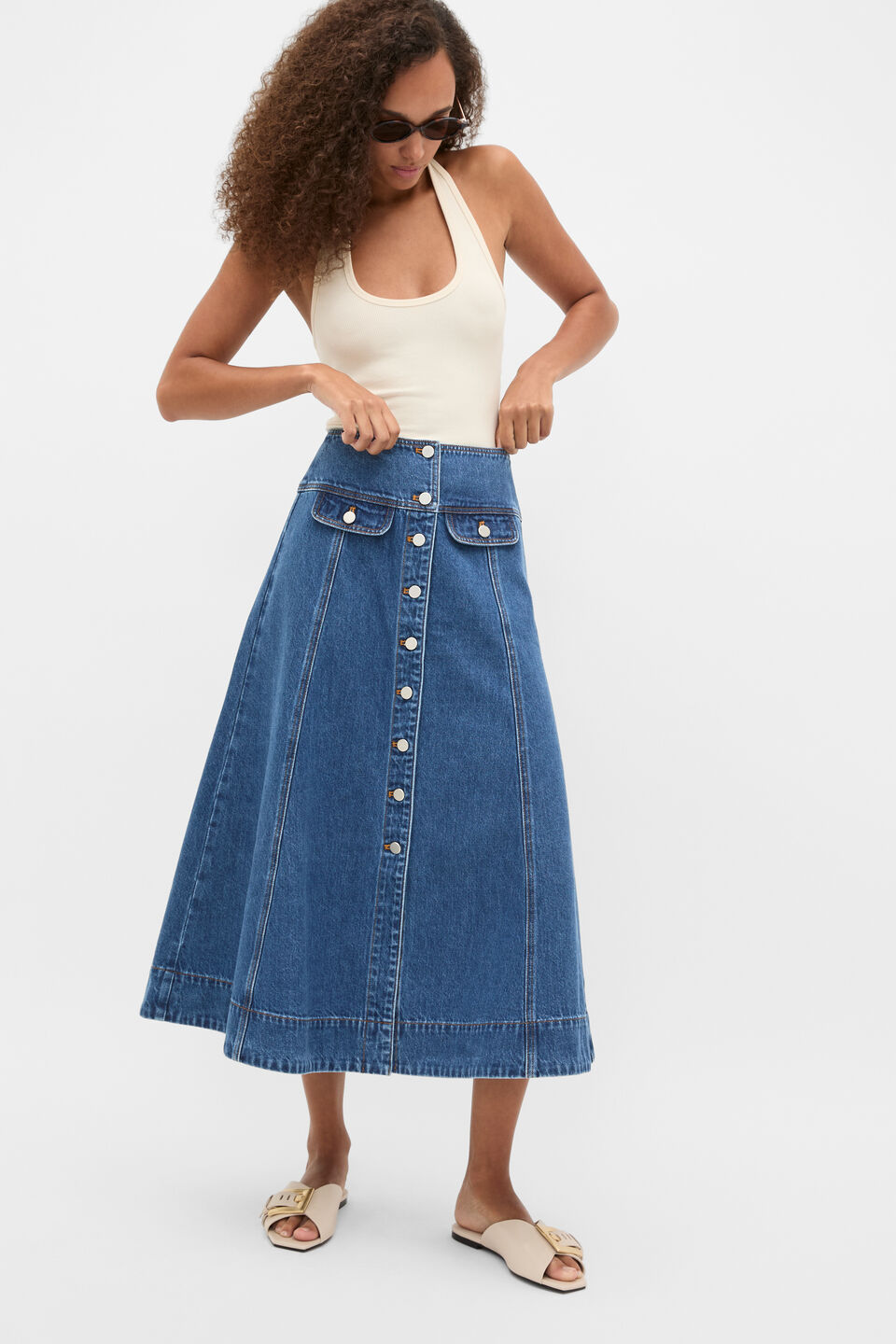 Denim Button Through Swing Skirt  Heritage Wash