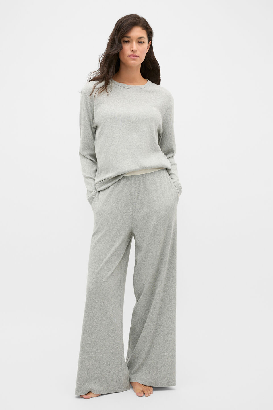 Ribbed Long Sleeve Top and Pant PJ Set  Pale Slate Marle