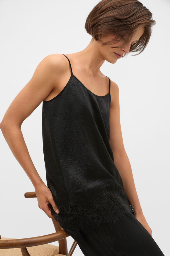 Crinkled Satin Lace Trim Cami  Black  hi-res
