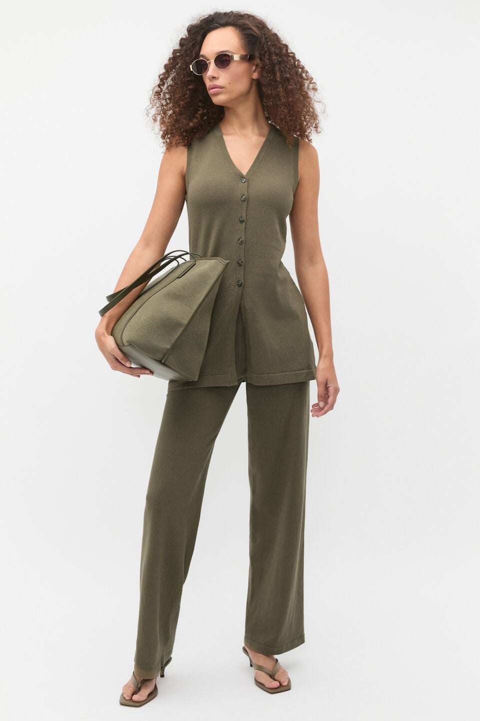 V Neck Button Through Knit Vest  Olive Leaf