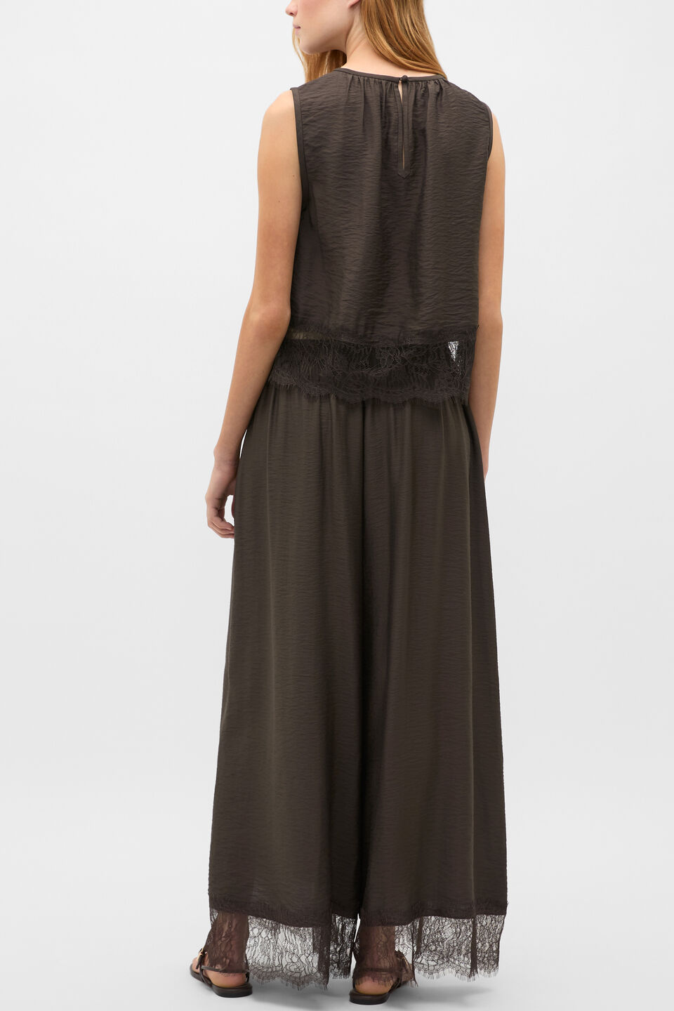 Crinkle Lace Trim Crop Tank  Dark Espresso