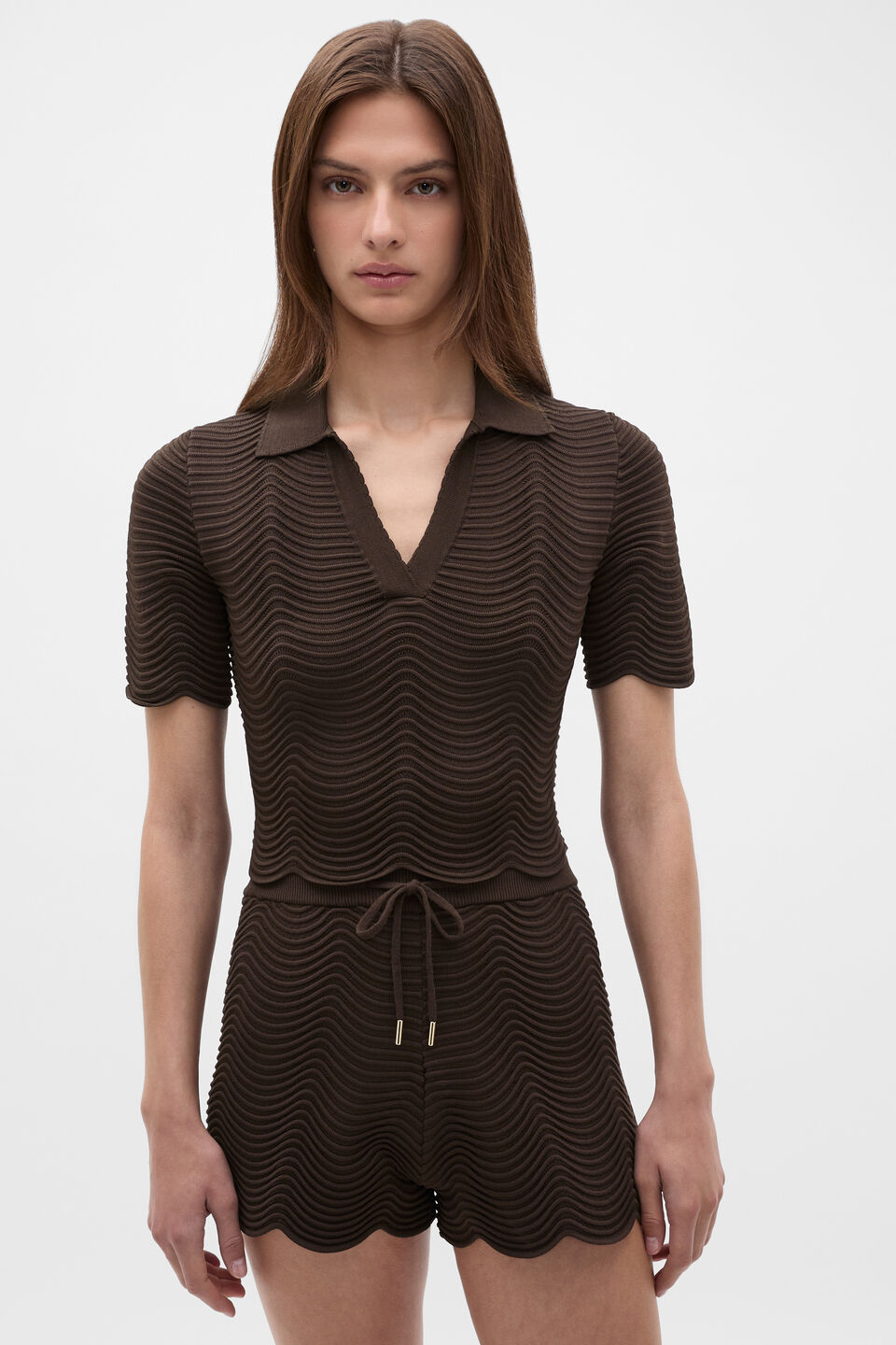 Wave Stitch Polo Knit  Dark Espresso
