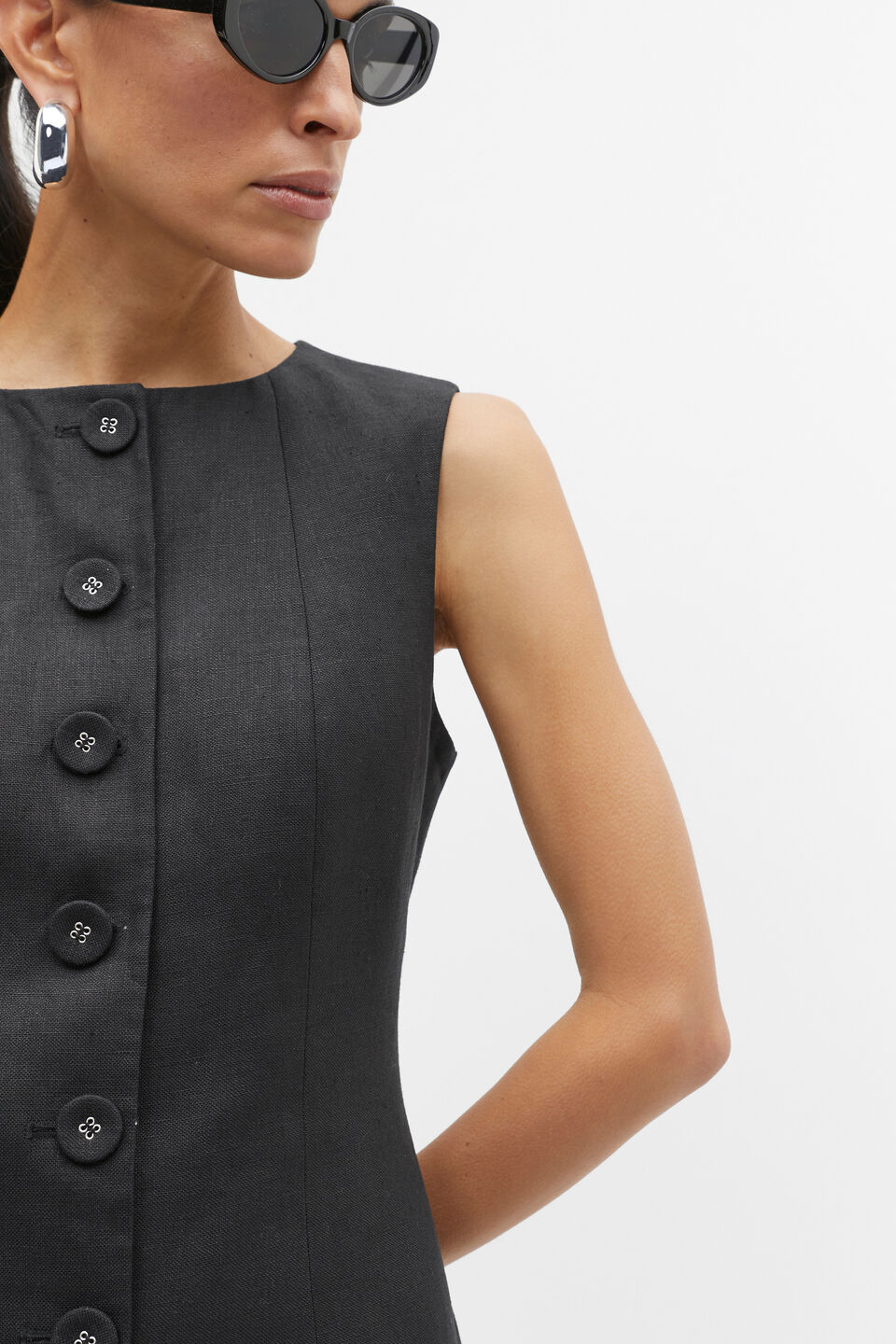 Linen Button Through Mini Dress  Black