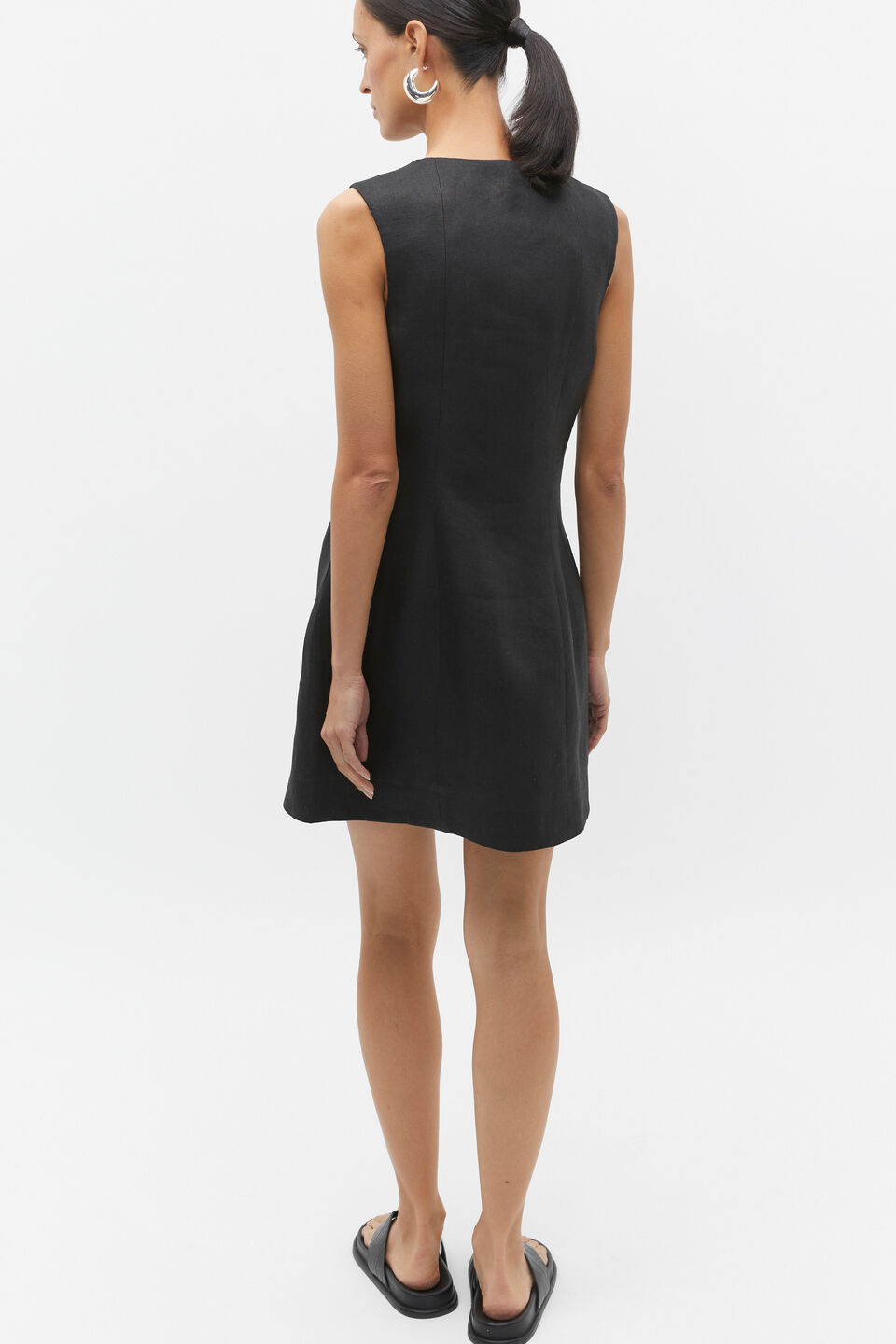 Linen Button Through Mini Dress  Black