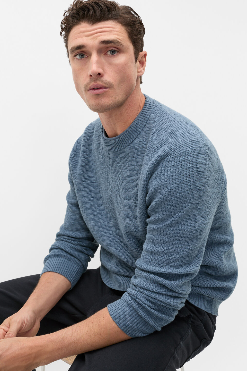 Slub Yarn Crew Neck Knit  Storm Blue