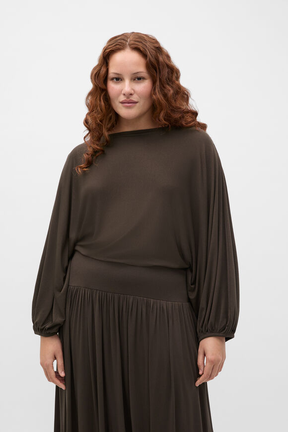 Fine Knit Bubble Sleeve Top  Dark Espresso  hi-res