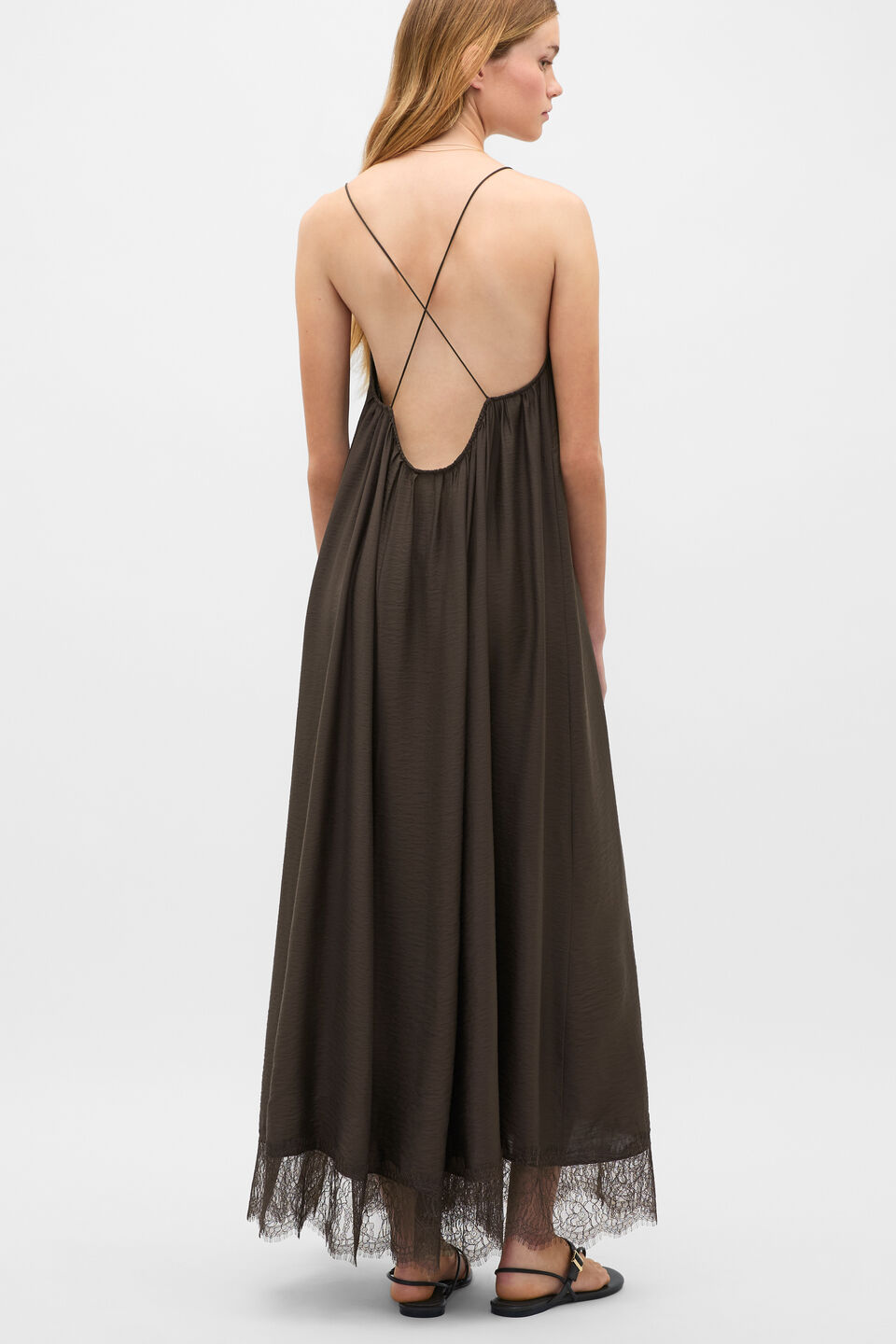 Crinkle Lace Full Maxi Dress  Dark Espresso