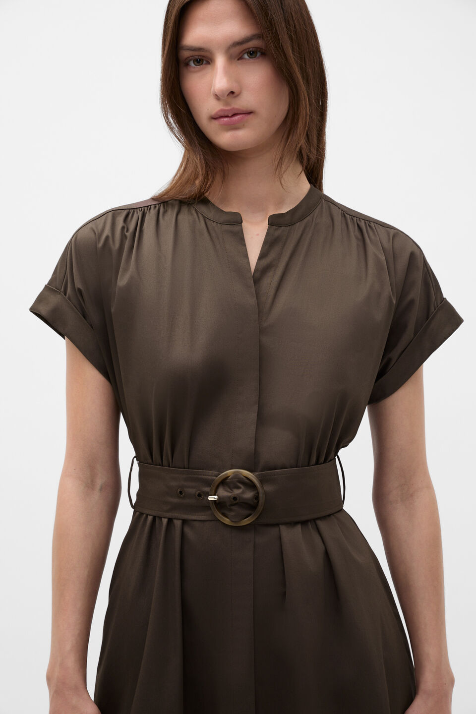 Cotton Blend Belted Shirt Dress  Dark Espresso