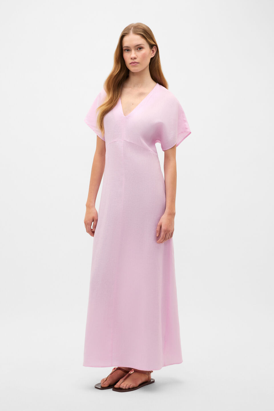 Linen V Neck Midi Dress  Petal Pink